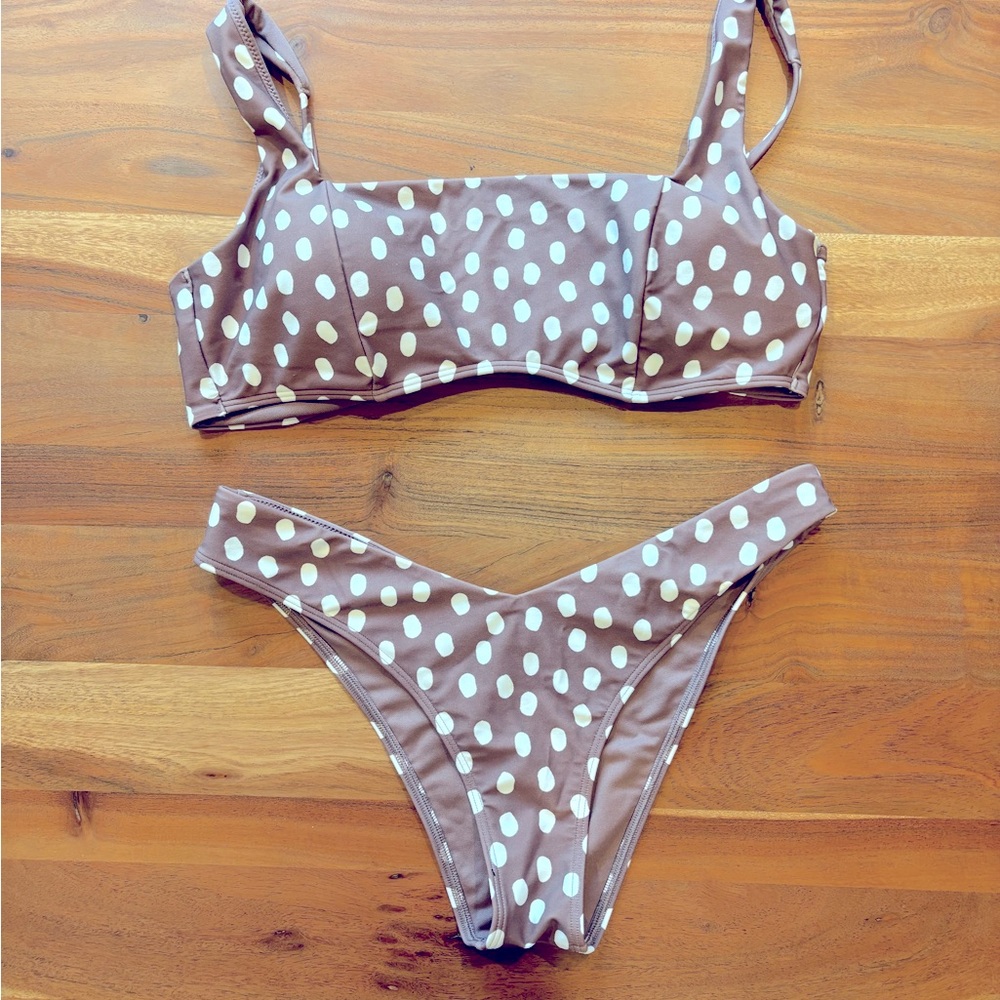 Abercrombie & Fitch Brown Polka Dot Bikini Bralette Top Mid Rise Cheeky Bottom